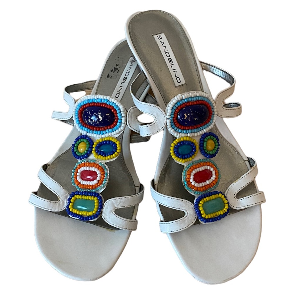 Bandolino • Low Wedge Sandals with Jewel Embellishments • White/Silver